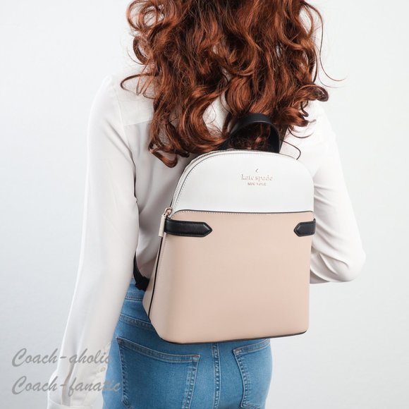 NWT Kate Spade Staci Dome Top Zip Leather Backpack in Warm Beige Colorblock - Picture 2 of 12